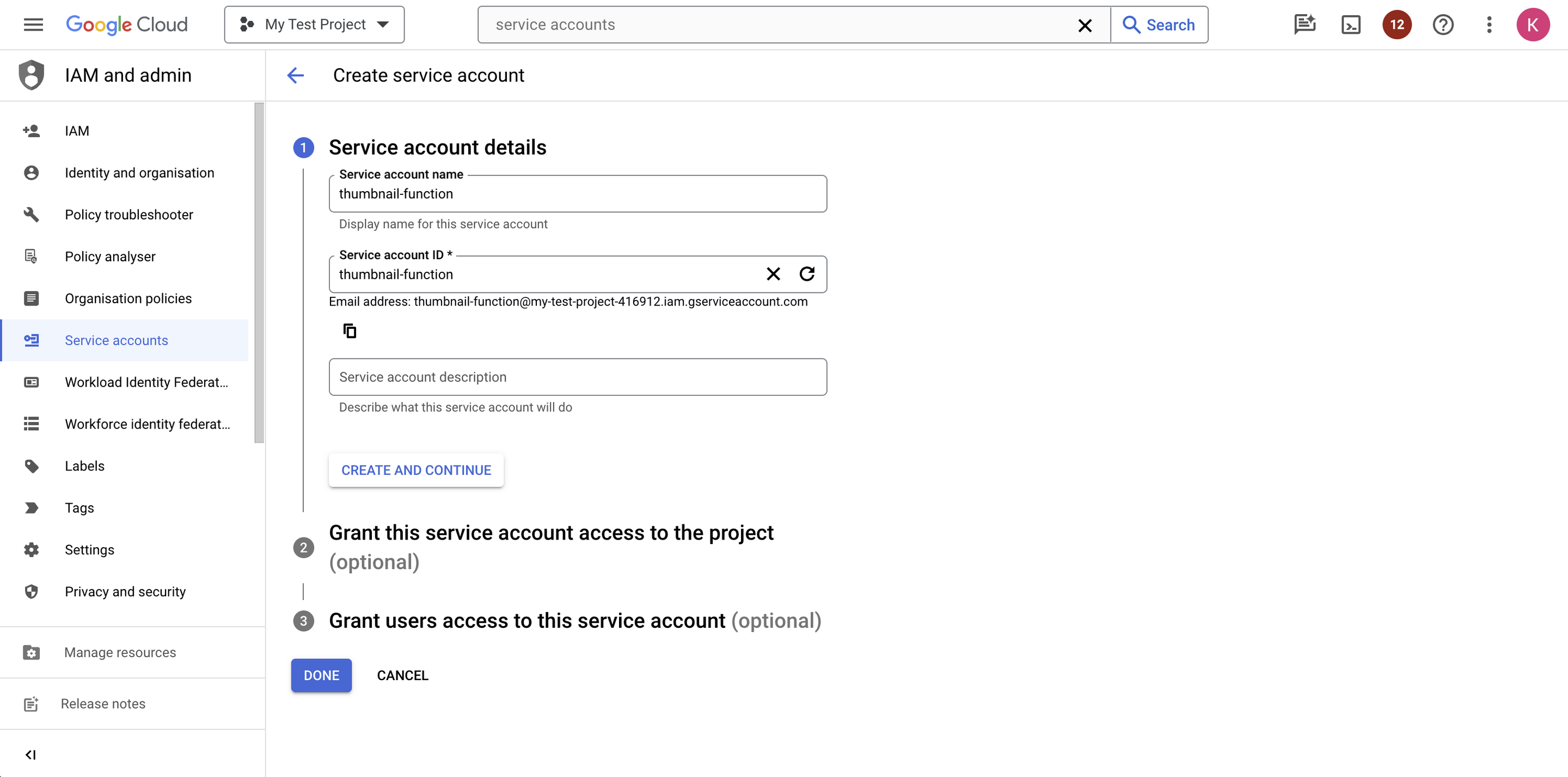 Naming your service account