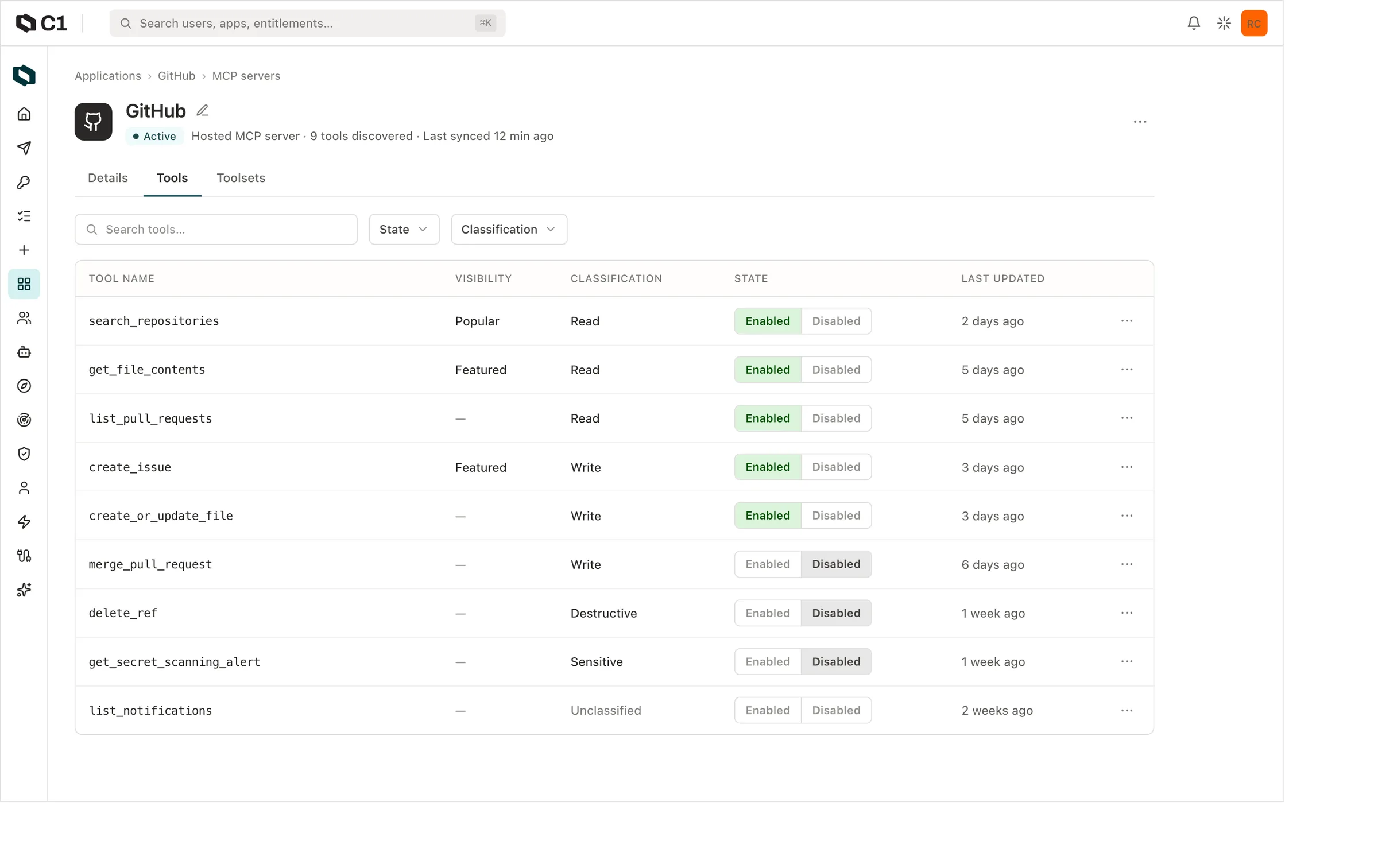 An MCP server's tool catalog, with each discovered tool classified and available for policy
