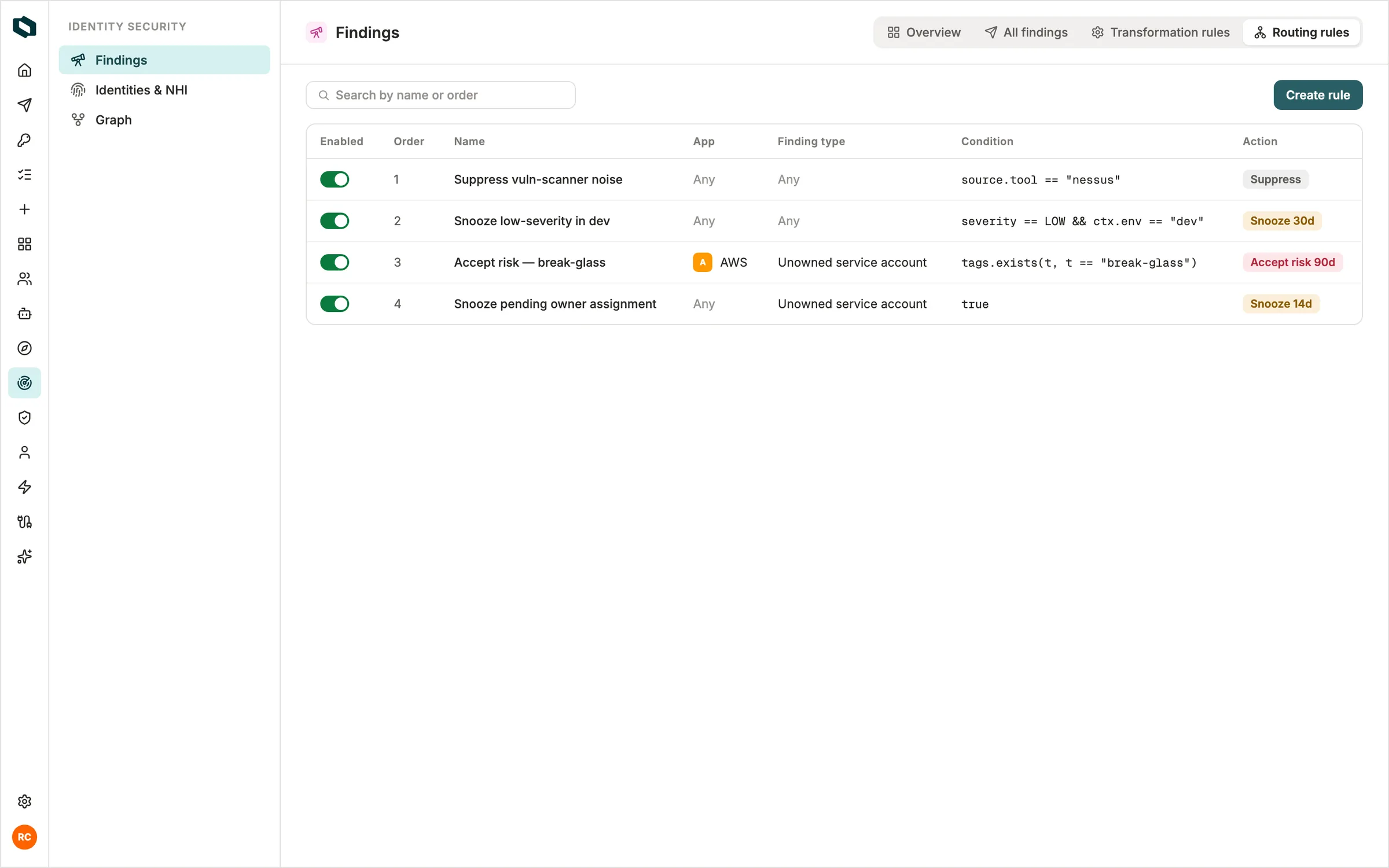 Routing rules sending findings to the right owner, queue, or external tool