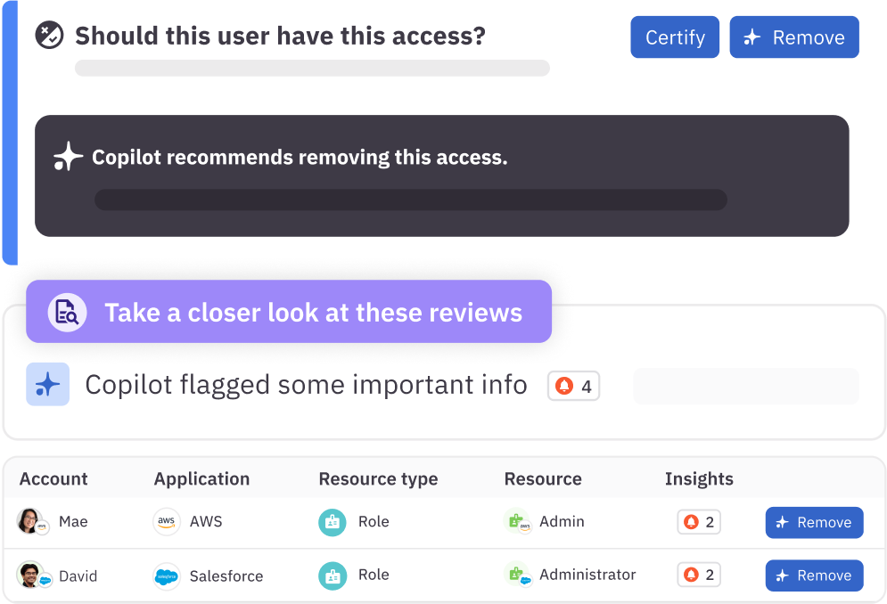 Interactively drive bulk certifications, request access, build access policies, and more with C1 Copilot.