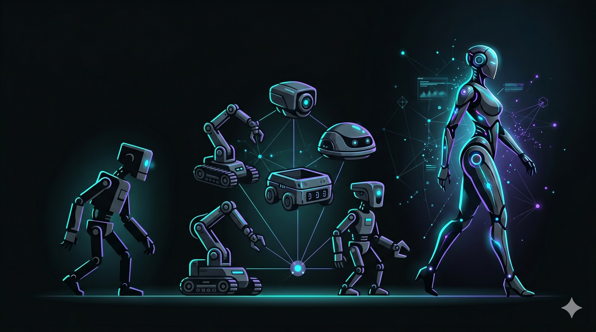 The evolution of C1's AI agent across three generations, drawn as a march-of-progress: a single simple robot, then a connected fleet of specialized robots, then one sophisticated unified agent.