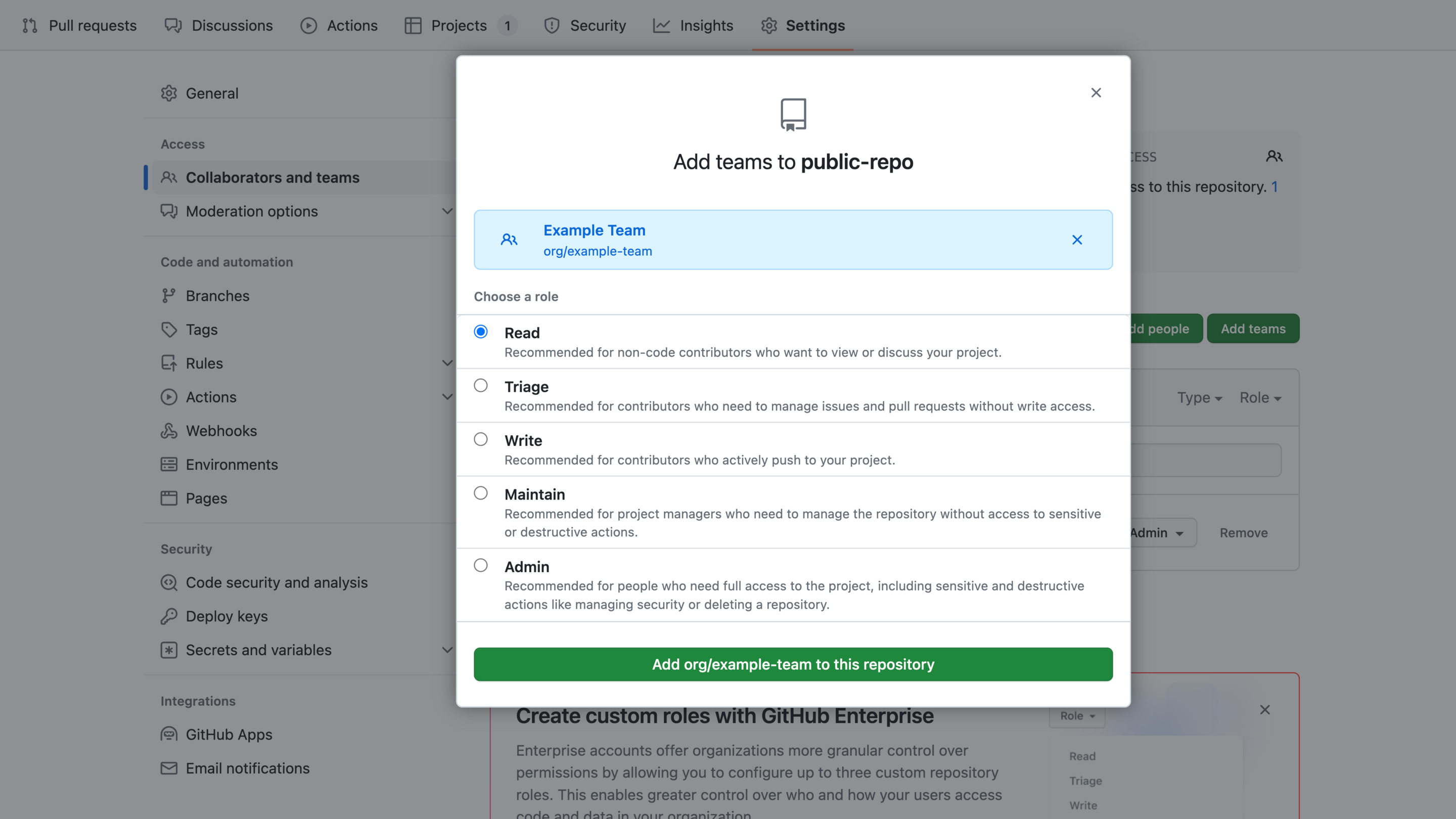 Assigning repository role to a team