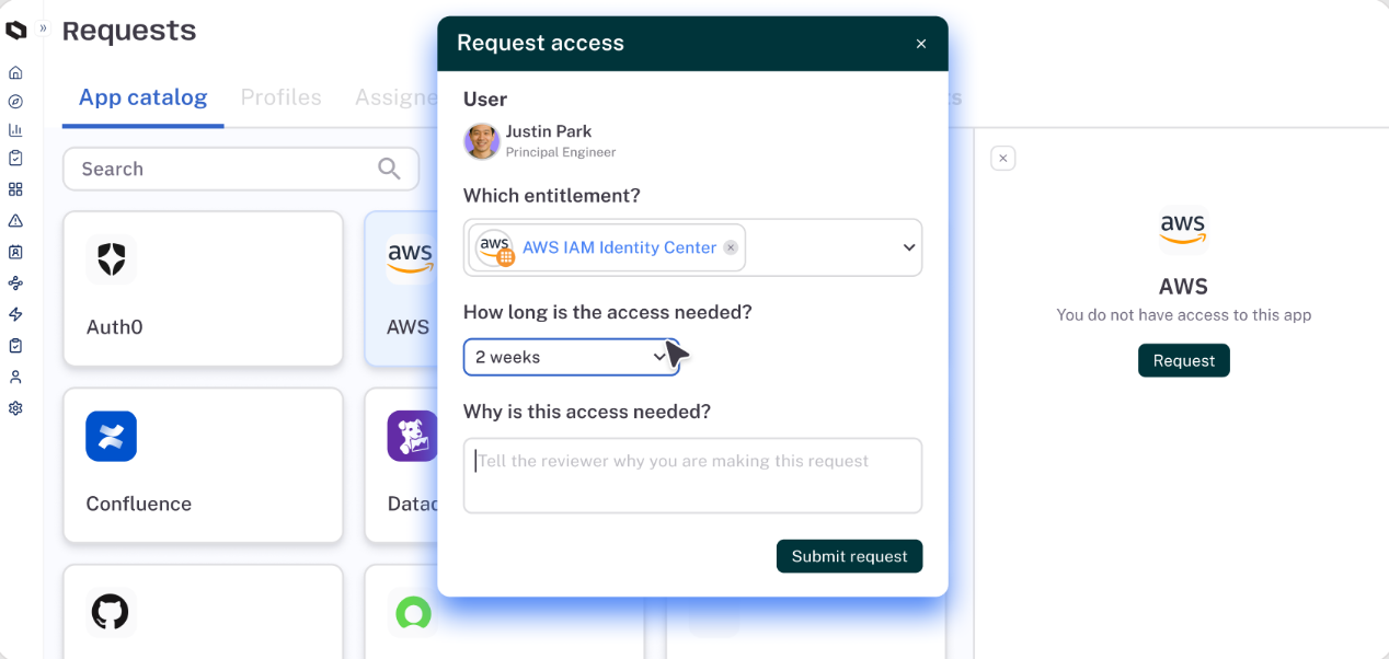 C1 access request modal showing a user requesting time-bound access to AWS IAM Identity Center