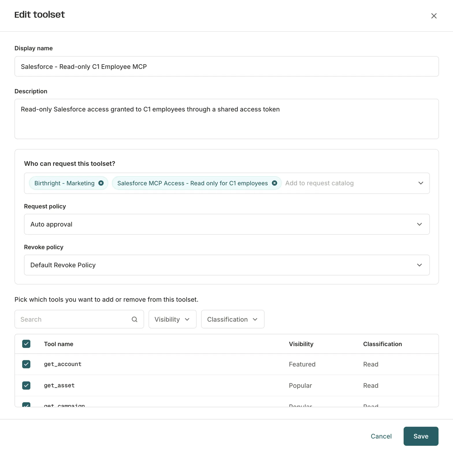 Assign access from agent identity and role.